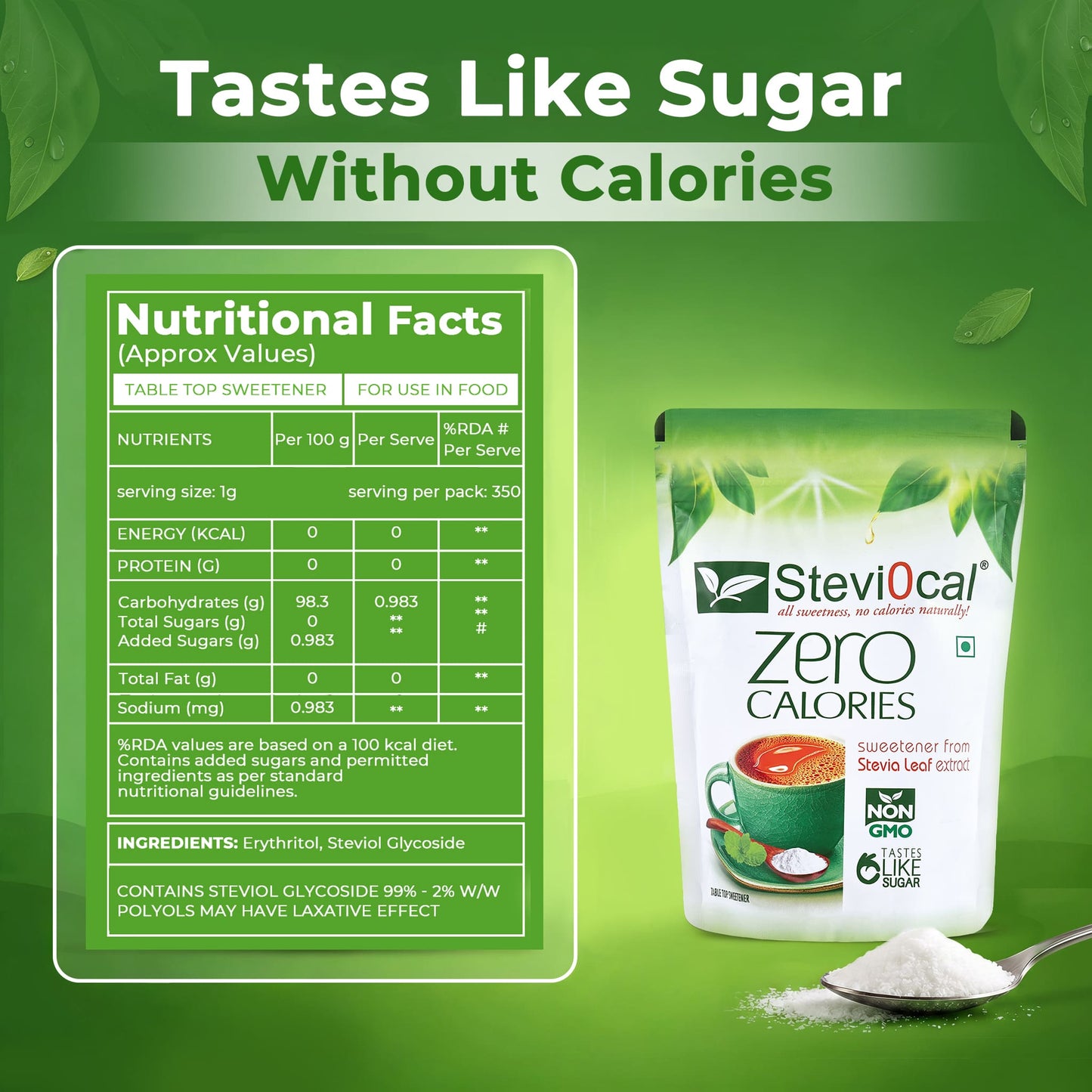 Stevi0cal Zero Calories Natural Sweetener - Stevia Leaf Extract Sugar Substitute | 350g