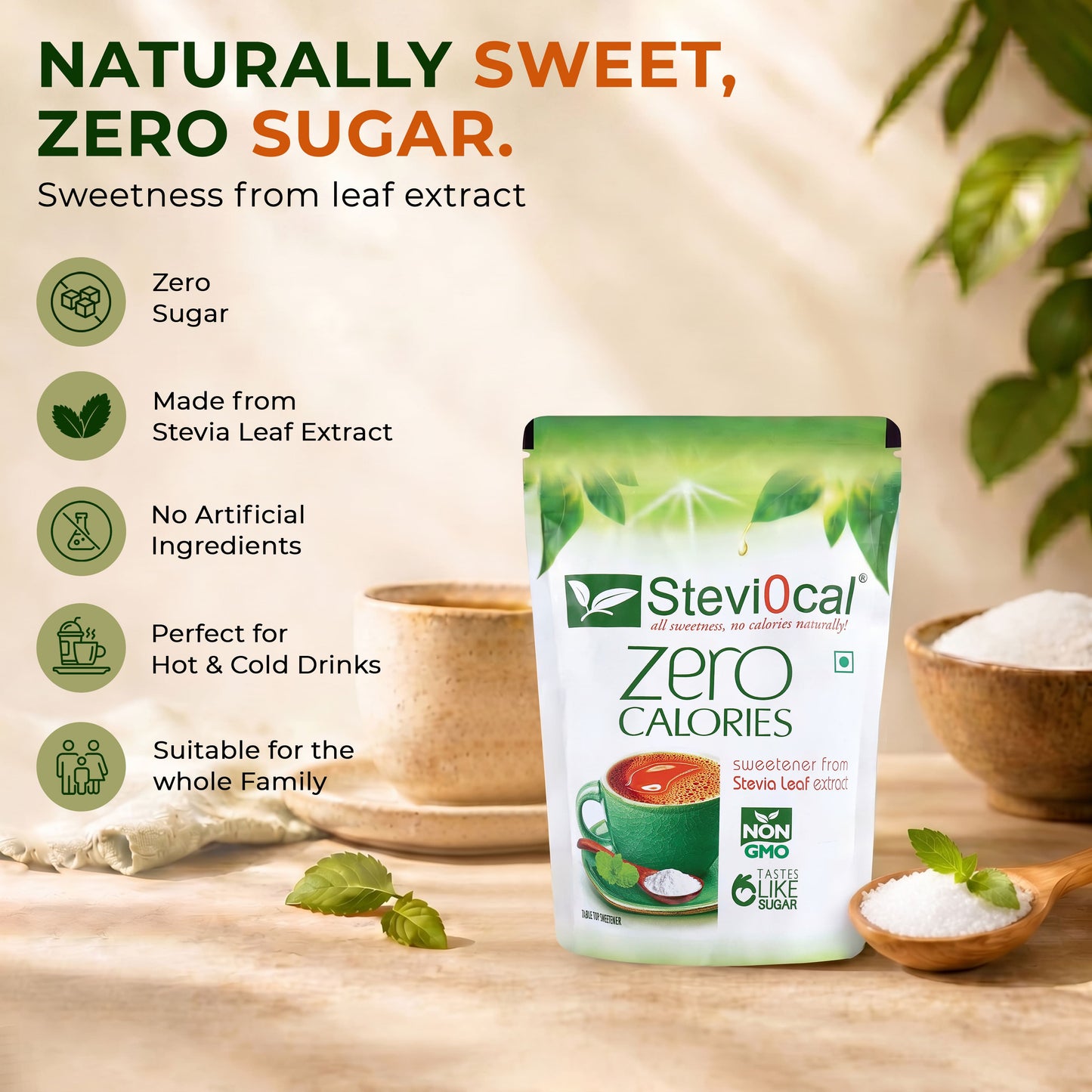 Stevi0cal Zero Calories Natural Sweetener - Stevia Leaf Extract Sugar Substitute | 350g