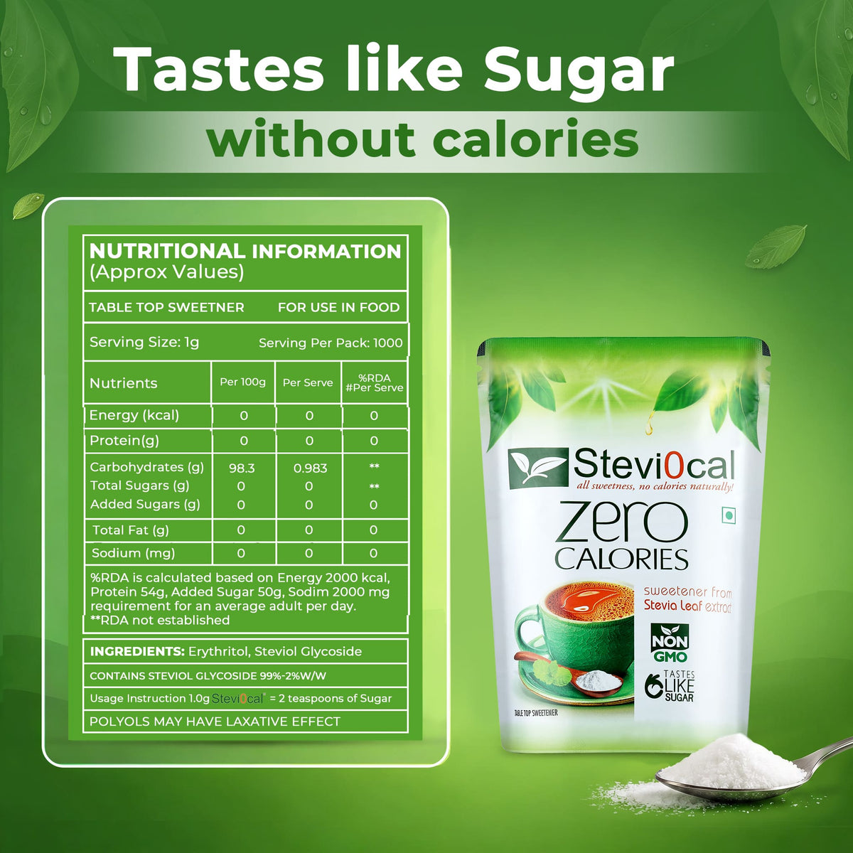 Stevi0cal Zero Calories Sweetener - Stevia Leaf Extract Sugar Substitute | 1kg