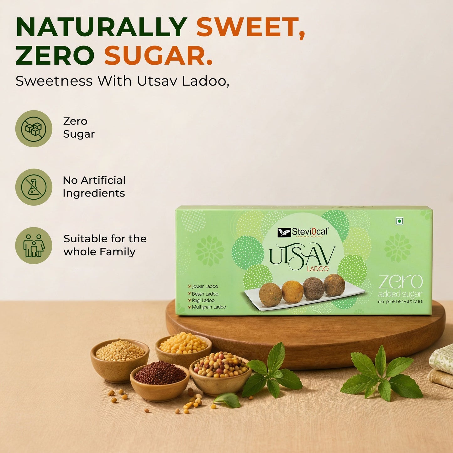Stevi0cal Utsav Ladoo - Zero Added Sugar Traditional Sweet