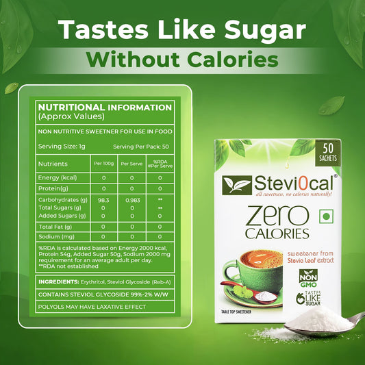 Stevi0cal Zero Calorie Sweetener Sachets - Natural Sugar Alternative | 50 Sachets