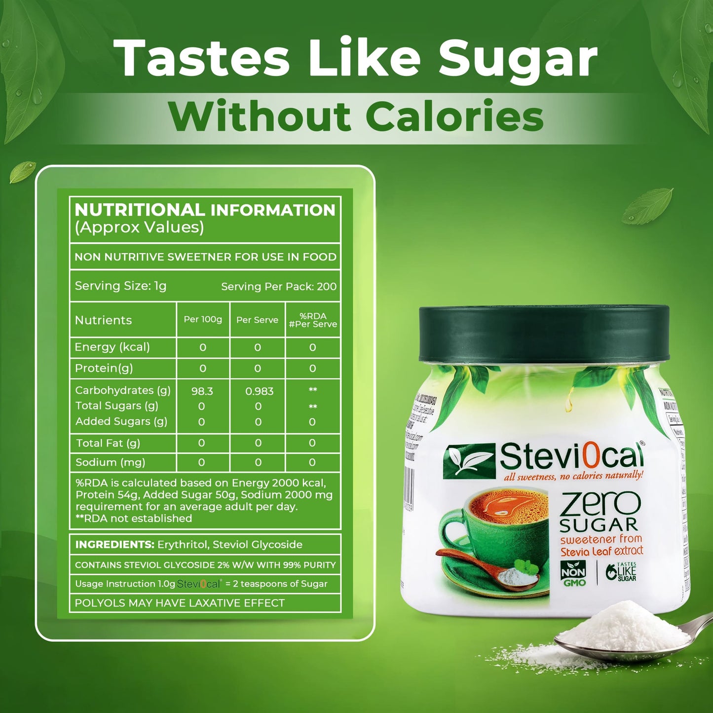 Stevi0cal Zero Sugar Sweetener Powder - Natural Stevia Leaf Extract | 200g