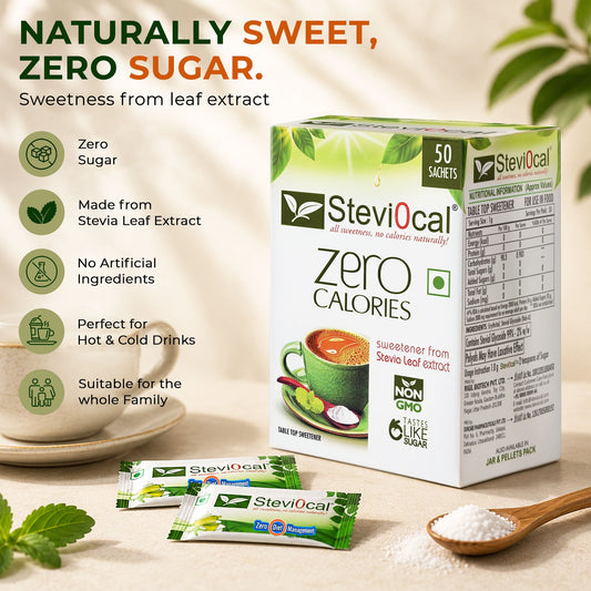 Stevi0cal Zero Calorie Sweetener Sachets - Natural Sugar Alternative | 50 Sachets